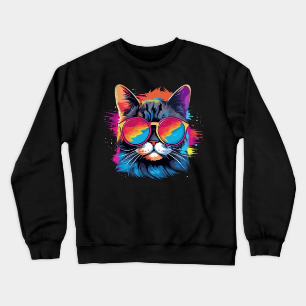 Party Cat in Sunglasses Men Women 80s 90s Retro Funny Cat Crewneck Sweatshirt by KsuAnn